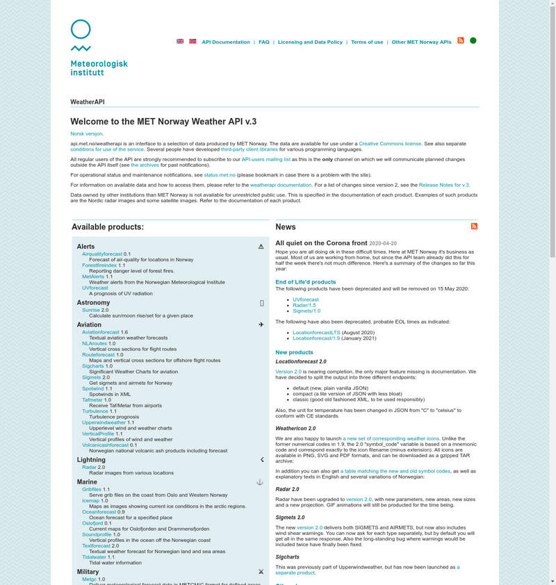 Meterologisches Institut Norwegen Weather API v.3