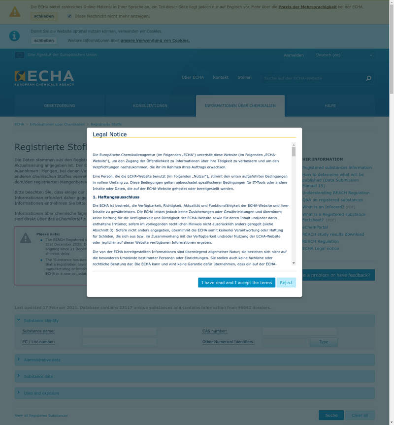 Stoffdatenbank der Europäischen Chemikalienagentur (ECHA)