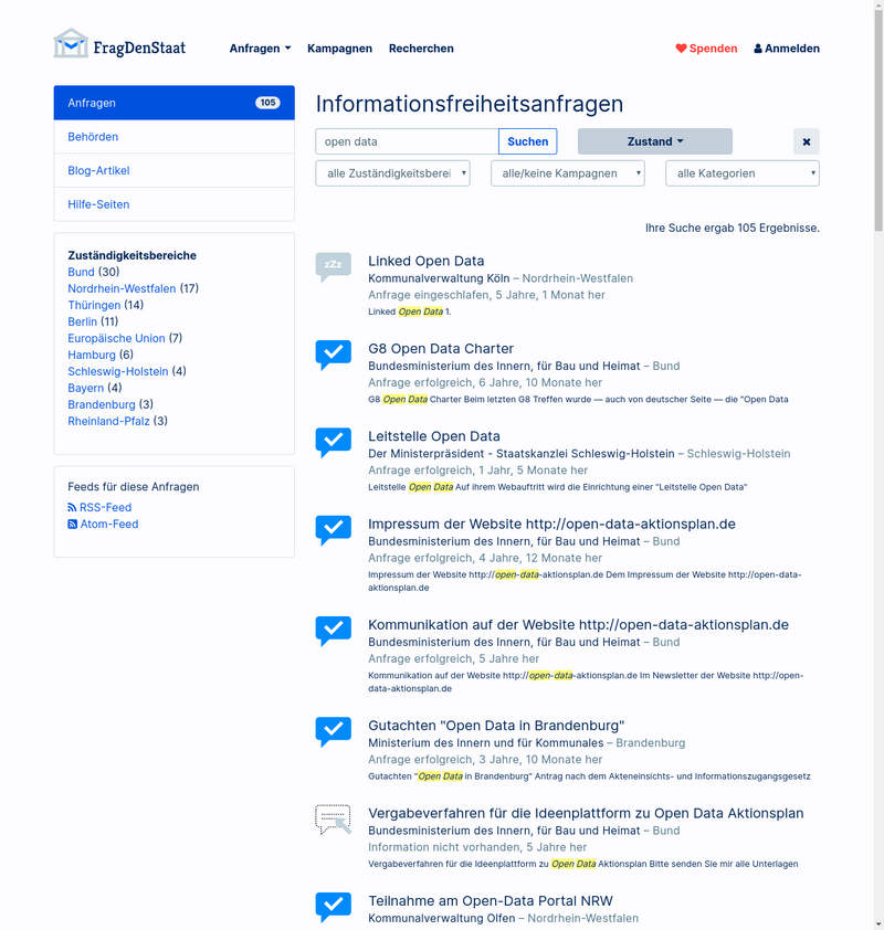 Suche nach "Open Data" bei Fragdenstaat.de