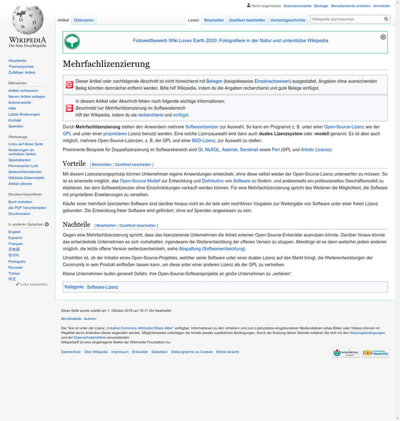 Wikipedia Artikel zu "Mehrfachlizensierung"